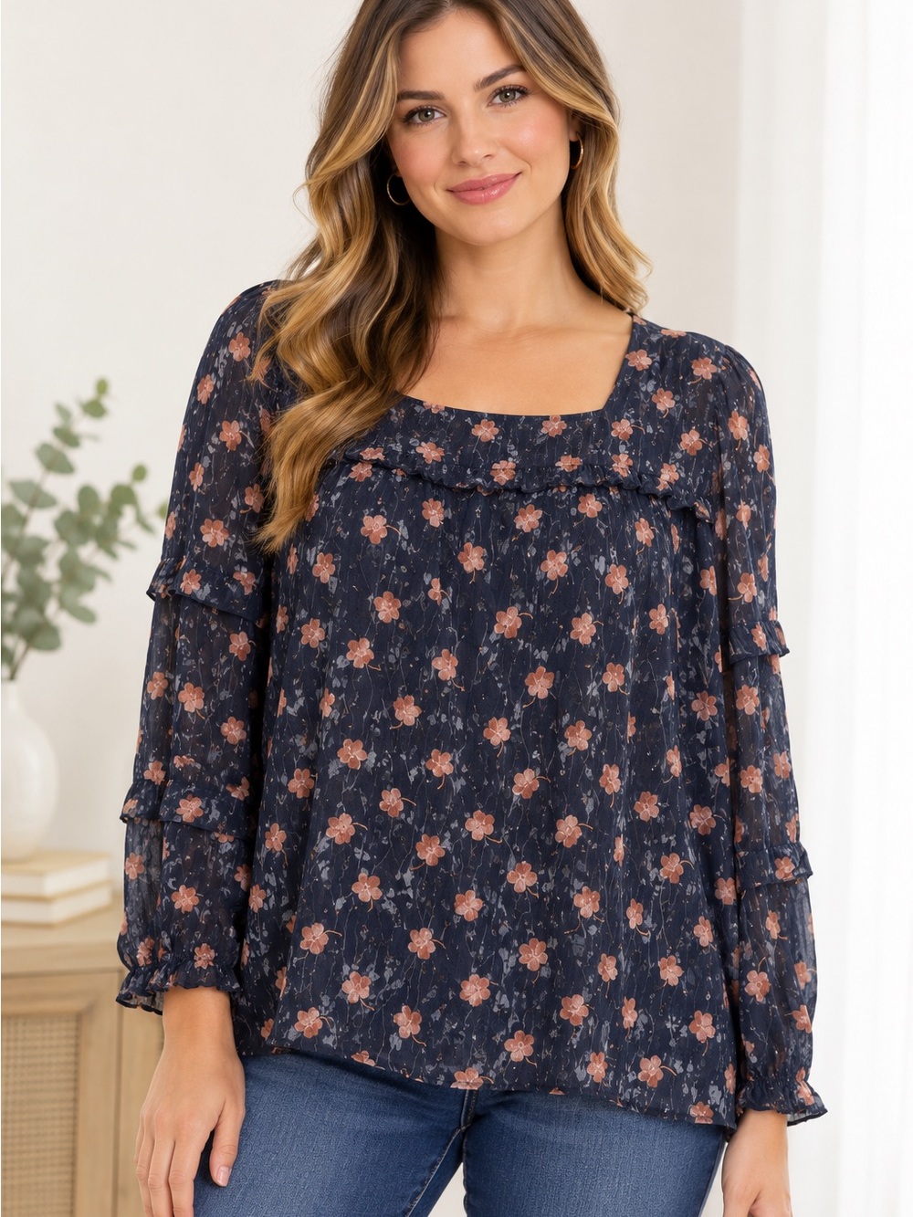 MYSTREE Dotted Lurex Mixed Floral Blouse